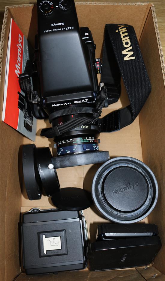 A Mamiya RZ67 Professional II camera outfit, with F4.5/140mm and F2.8/110mm lenses, 2 film back etc.